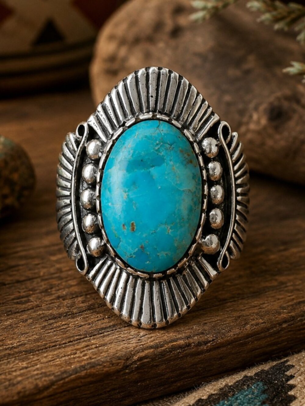 Designer Navajo Sterling Silver Genuine Turquoise Ring Size 7 NWT
